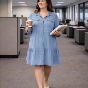 Maurices Chambray Tiered Shirt Dress XXL Light Denim Button Front Casual Plus